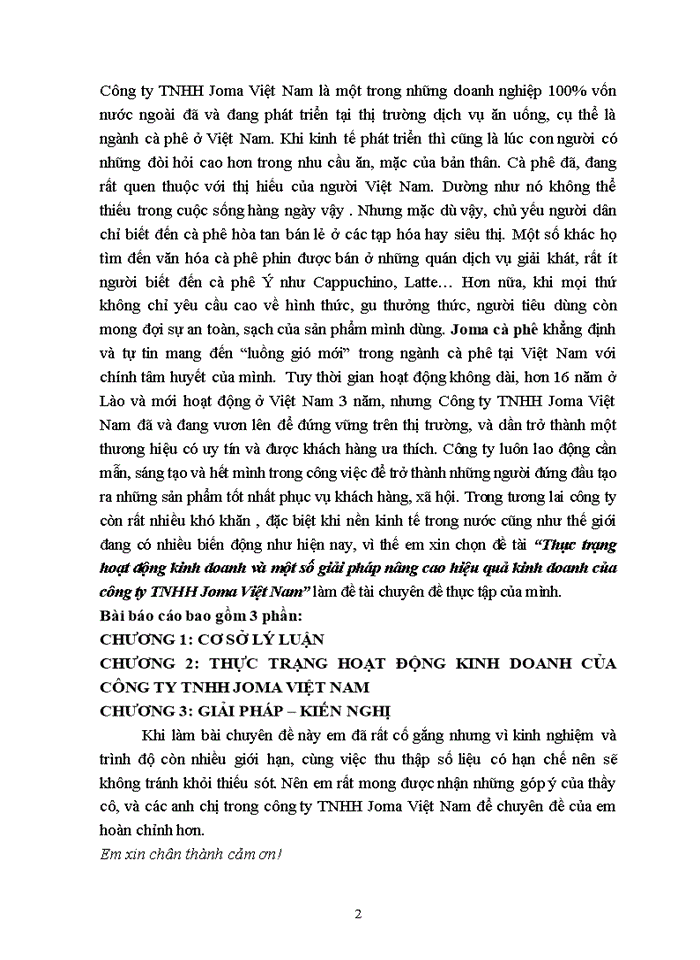 Thực trạng hoạt động kinh doanh và một số giải pháp nâng cao hiệu quả hoạt động kinh doanh của Công ty Trách nhiệm hữu hạn Joma Việt Nam