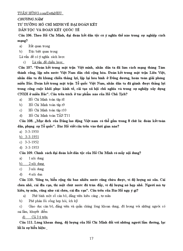 image for page NGÂN HÀNG CÂU HỎI TRẮC NGHIỆM Môn TƯ TƯỞNG HỒ CHÍ MINH