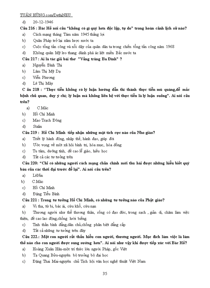 image for page NGÂN HÀNG CÂU HỎI TRẮC NGHIỆM Môn TƯ TƯỞNG HỒ CHÍ MINH