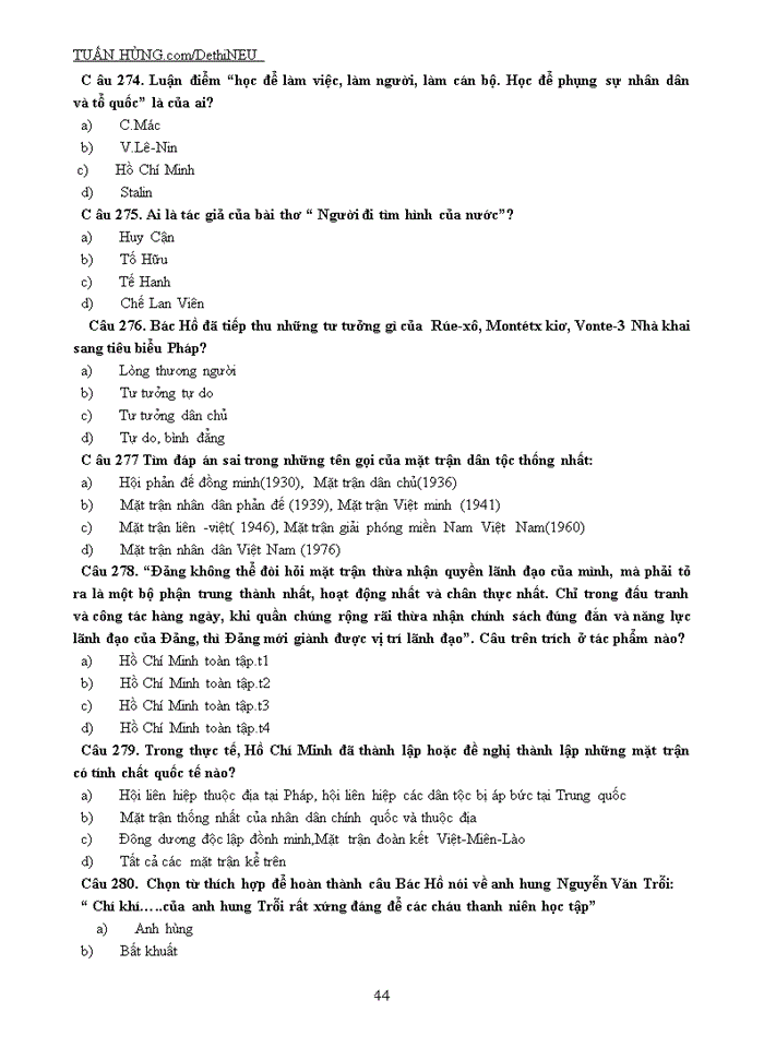 image for page NGÂN HÀNG CÂU HỎI TRẮC NGHIỆM Môn TƯ TƯỞNG HỒ CHÍ MINH