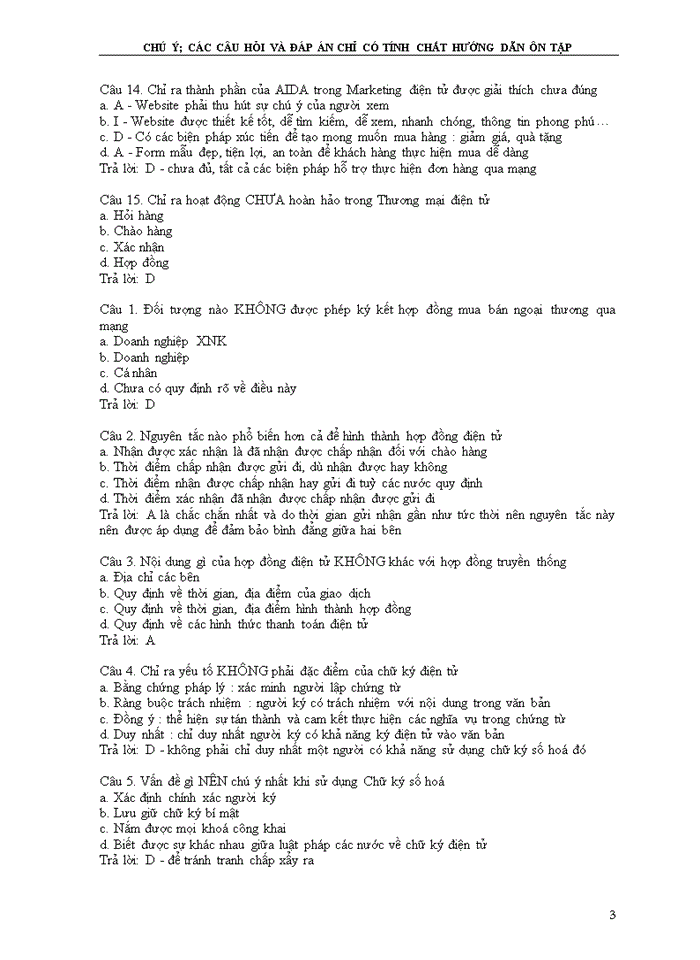 CÂU HỎI ÔN TẬP THI TRẮC NGHIỆM THƯƠNG MẠI ĐIỆN TỬ
