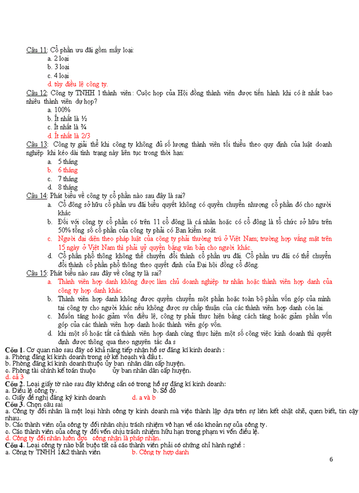 Câu hỏi trắc nghiệm Luật Kinh Tế- PHẦN CÔNG TY