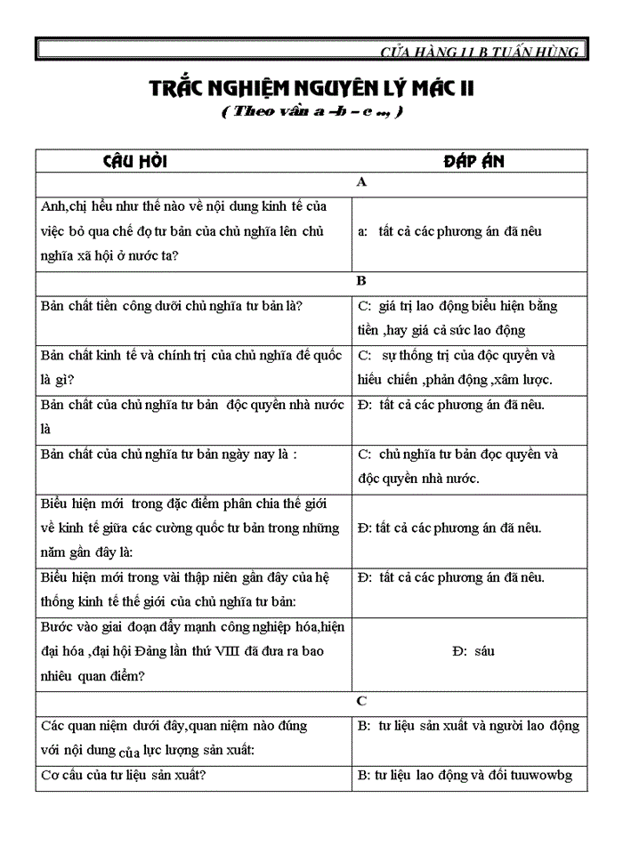 image for page Trắc nghiệm nguyên lý mác ii Theo vần a b c