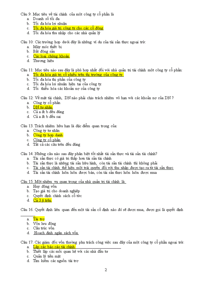 TRẮC NGHIỆM QUẢN TRỊ TÀI CHÍNH DOANH NGHIỆP CÓ ĐÁP ÁN