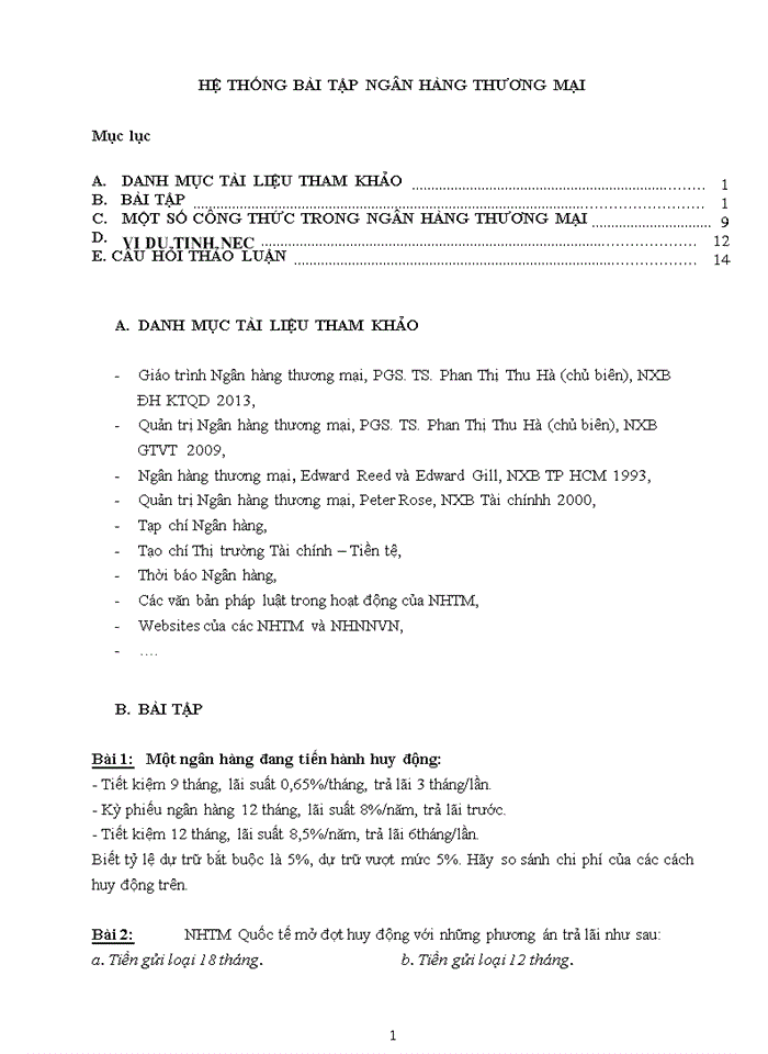 HỆ THỐNG BÀI TẬP NGÂN HÀNG THƯƠNG MẠI