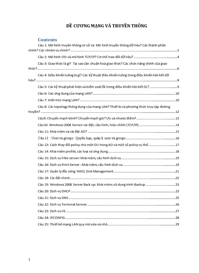 ĐỀ CƯƠNG MẠNG VÀ TRUYỀN THÔNG