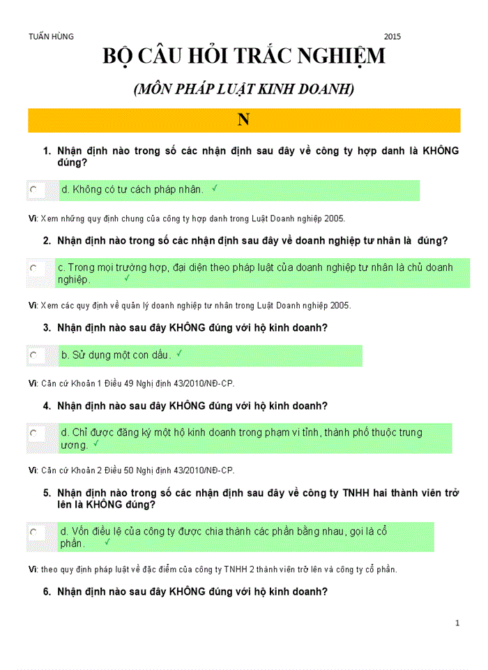 BỘ CÂU HỎI TRẮC NGHIỆM pháp luật kinh doanh