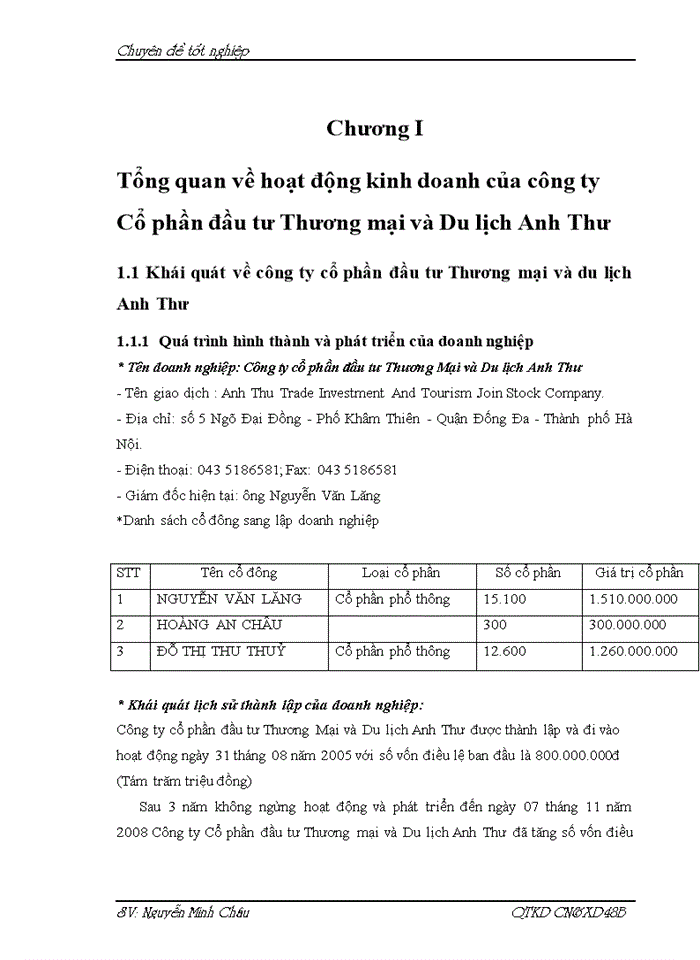 NÂNG CAO HIỆU QUẢ KINH DOANH DU LỊCH CỦA CÔNG TY CỔ PHẦN ĐẦU TƯ THƯƠNG MẠI DU LỊCH ANH THƯ