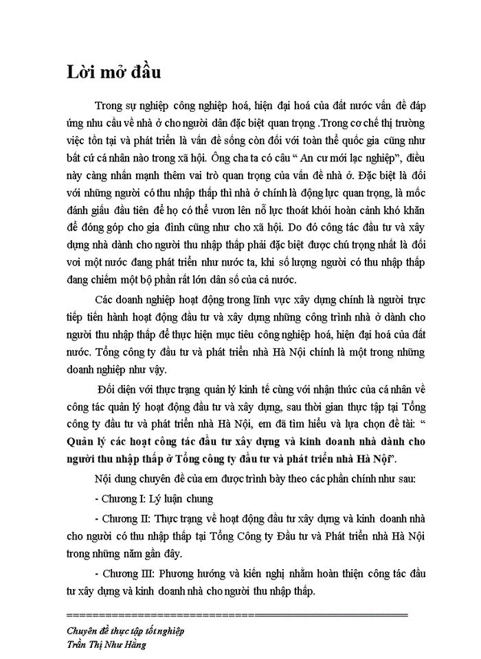 Quản lý các hoạt công tác đầu tư xây dựng và kinh doanh nhà dành cho người thu nhập thấp ở Tổng công ty đầu tư và phát triển nhà Hà Nội