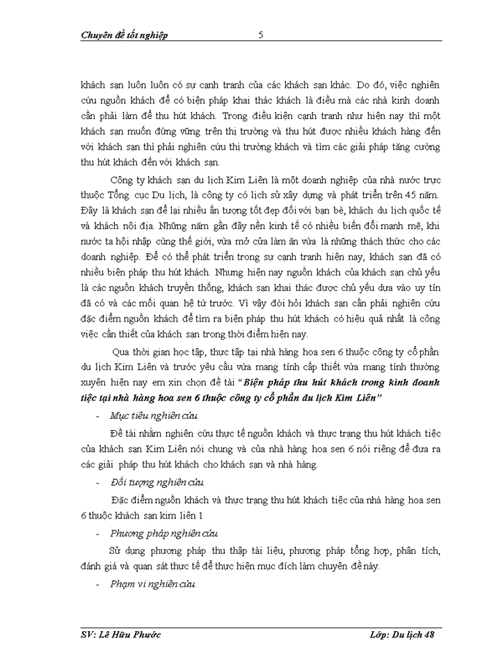 image for page Biện pháp thu hút khách trong kinh doanh tiệc tại nhà hàng Hoa Sen 6 thuộc công ty cổ phần du lịch Kim Liên