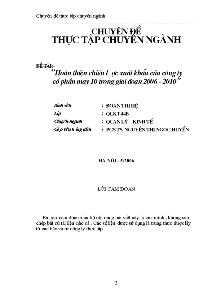 Hoµn thiÖn chiÕn l îc xuÊt khÈu cña c ng ty cæ phÇn may 10 trong giai o n 2006 - 2010