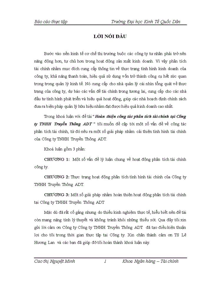 Hoàn thiện công tác phõn tớch tài chính tại công ty trách nhiệm hữu hạn Truyền Thụng ADT