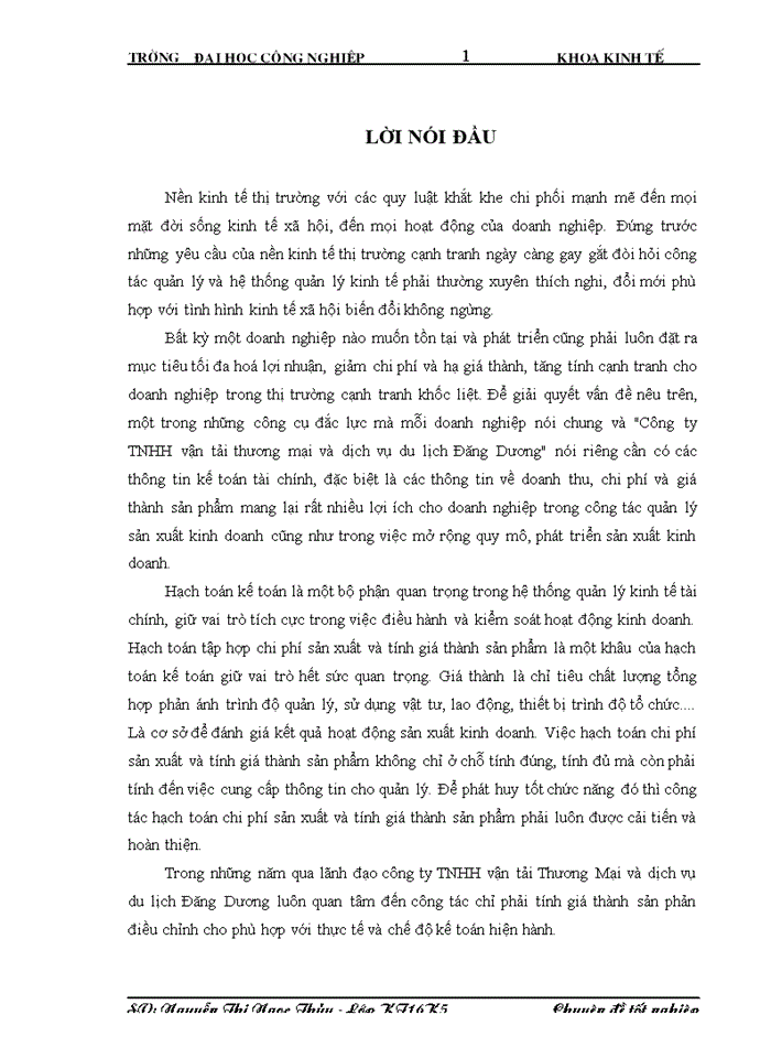 Hoàn thiện công tác Kế toán hạch toán chi phớ sản xuất và tớnh giá thành sản phẩm tại công ty trách nhiệm hữu hạn vận tải thương mại và dịch vụ du lịch Đăng Dương