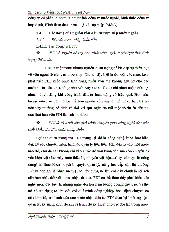 Thực trạng kiểm soỏt nguồn vốn đầu tư trực tiếp nước ngoài tại Việt Nam