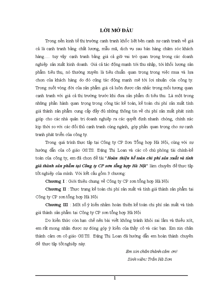 Hoàn thiện Kế toán chi phớ sản xuất và tớnh giá thành sản phẩm tại công ty Cổ phần sơn tổng hợp Hà Nội