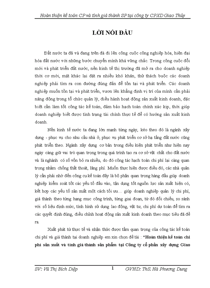 Hoàn thiện Kế toán chi phớ sản xuất và tớnh giá thành sản phẩm tại công ty cổ phần xừy dựng Giao Thủy