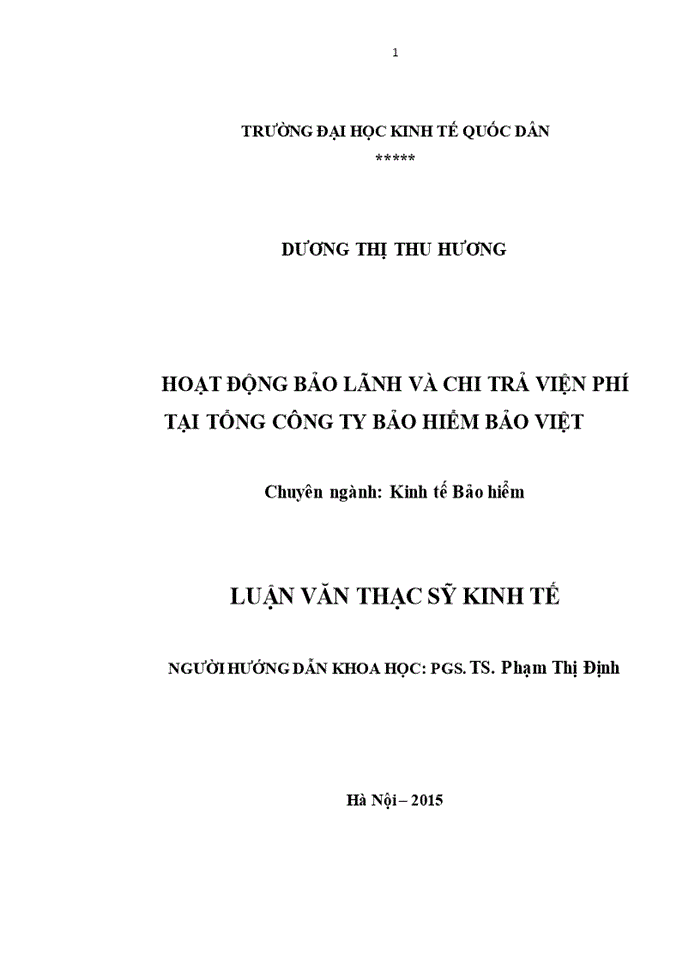 ThS Hoạt động Bảo lãnh và chi trả viện phí tại Tổng công ty Bảo hiểm Bảo Việt