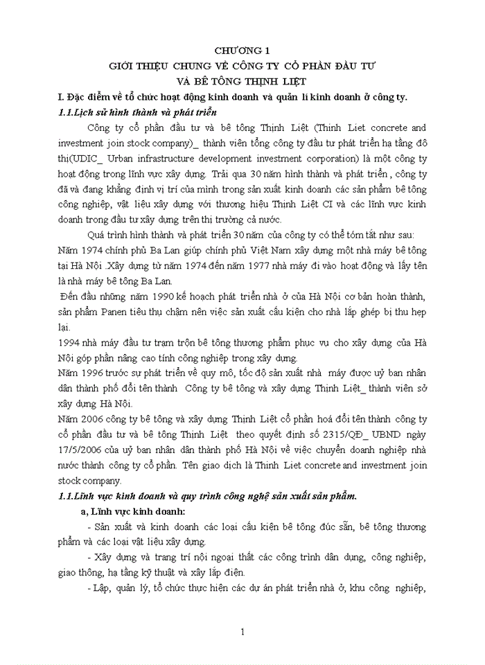 Báo cáo Công ty cổ phần đầu tư và bê tông Thịnh Liệt