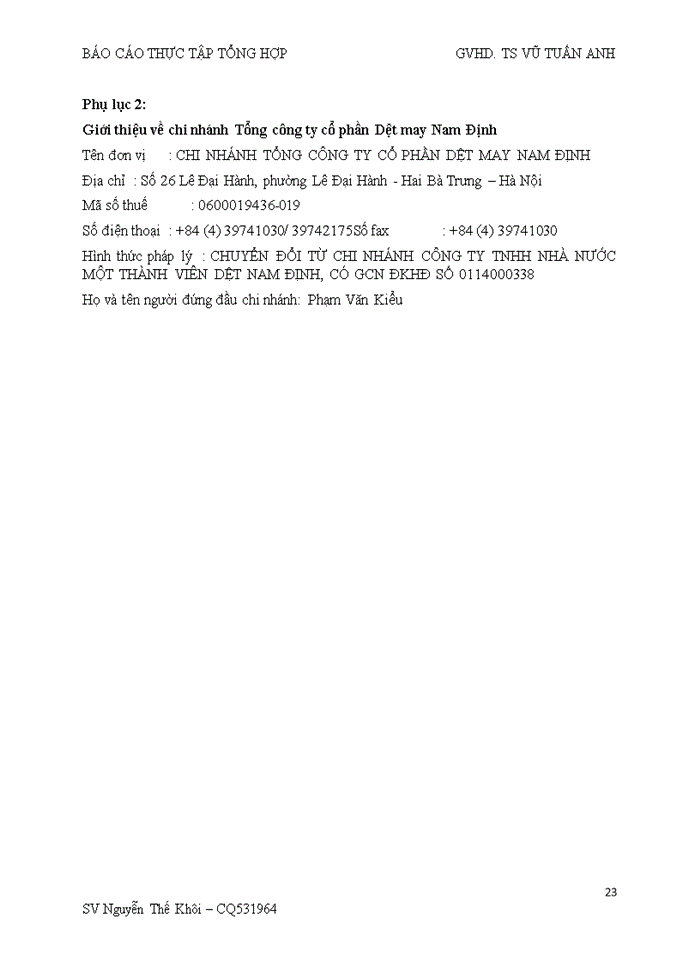 image for page Báo cáo CÔNG TY CỔ PHẦN DỆT MAY NAM ĐỊNH VÀ CHI NHÁNH TẠI HÀ NỘI