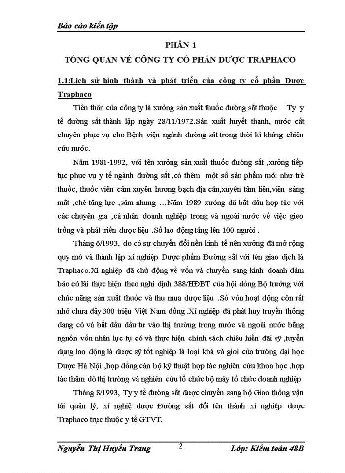 Báo cáo TỔNG QUAN VỀ CÔNG TY CỔ PHẦN DƯỢC TRAPHACO