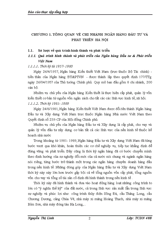 Báo cáo Tổng quan về chi nhánh Ngân hàng Đầu tư Phát triển Hà Nội