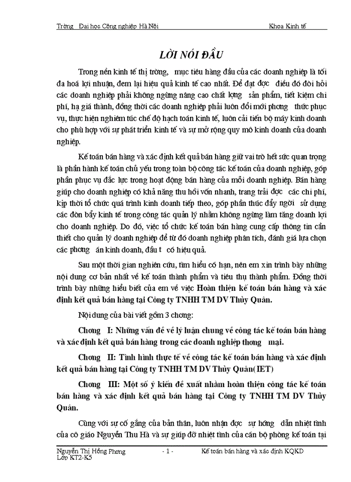 image for page Hoµn thiÖn kÕ to n b n hµng vµ x c Þnh kÕt qu b n hµng t i C ng ty Trách nhiệm hữu hạn Thương mại DV Thñy Qu n