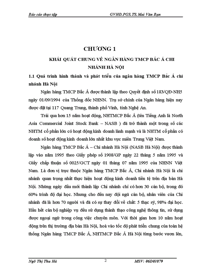 Báo cáo Khái quát chung về Ngân hàng TMCổ phần Bắc Á chi nhánh Hà Nội