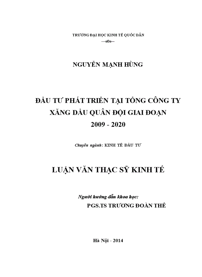 ĐẦU TƯ PHÁT TRIỂN TẠI TỔNG CÔNG TY XĂNG DẦU QUÂN ĐỘI GIAI ĐOẠN 2009 - 2020