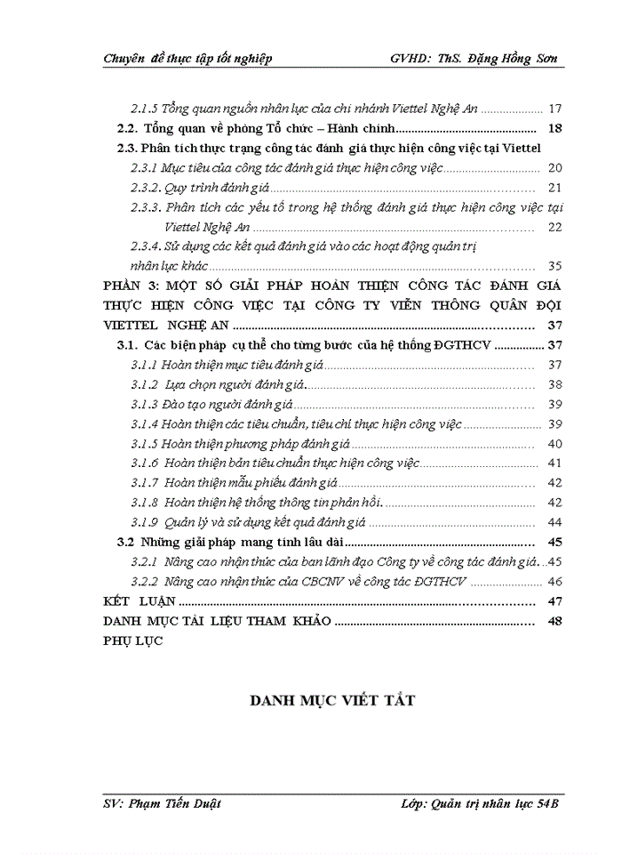HOÀN THIỆN CÔNG TÁC ĐÁNH GIÁ THỰC HIỆN CÔNG VIỆC TẠI VIETTEL NGHỆ AN CHI NHÁNH TẬP ĐOÀN VIỄN THÔNG QUÂN ĐỘI