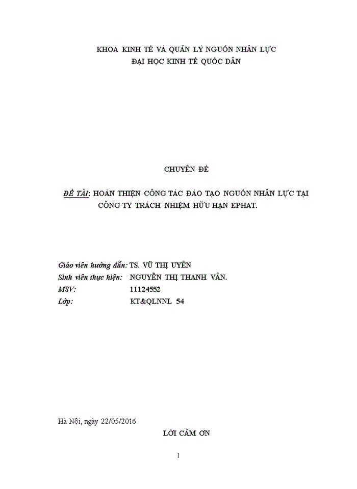 HOÀN THIỆN CÔNG TÁC ĐÀO TẠO NGUỒN NHÂN LỰC TẠI CÔNG TY TRÁCH NHIỆM HỮU HẠN EPHAT