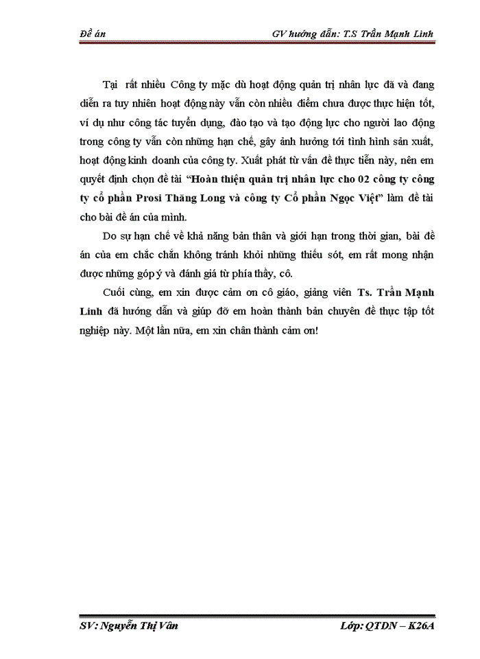 Hoàn thiện quản trị nhân lực cho 02 công ty công ty cổ phần Prosi Thăng Long và công ty Cổ phần Ngọc Việt
