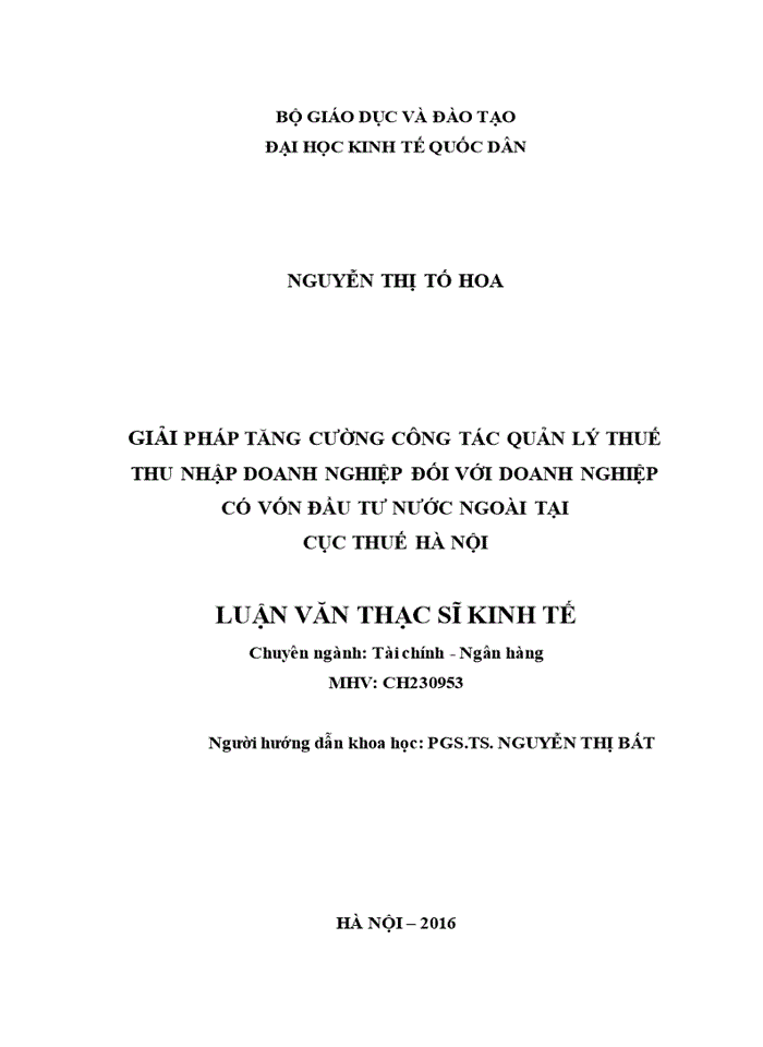 Ths GIẢI PHÁP TĂNG CƯỜNG CÔNG TÁC QUẢN LÝ THUẾ THU NHẬP DOANH NGHIỆP ĐỐI VỚI DOANH NGHIỆP CÓ VỐN ĐẦU TƯ NƯỚC NGOÀI TẠI CỤC THUẾ HÀ NỘI