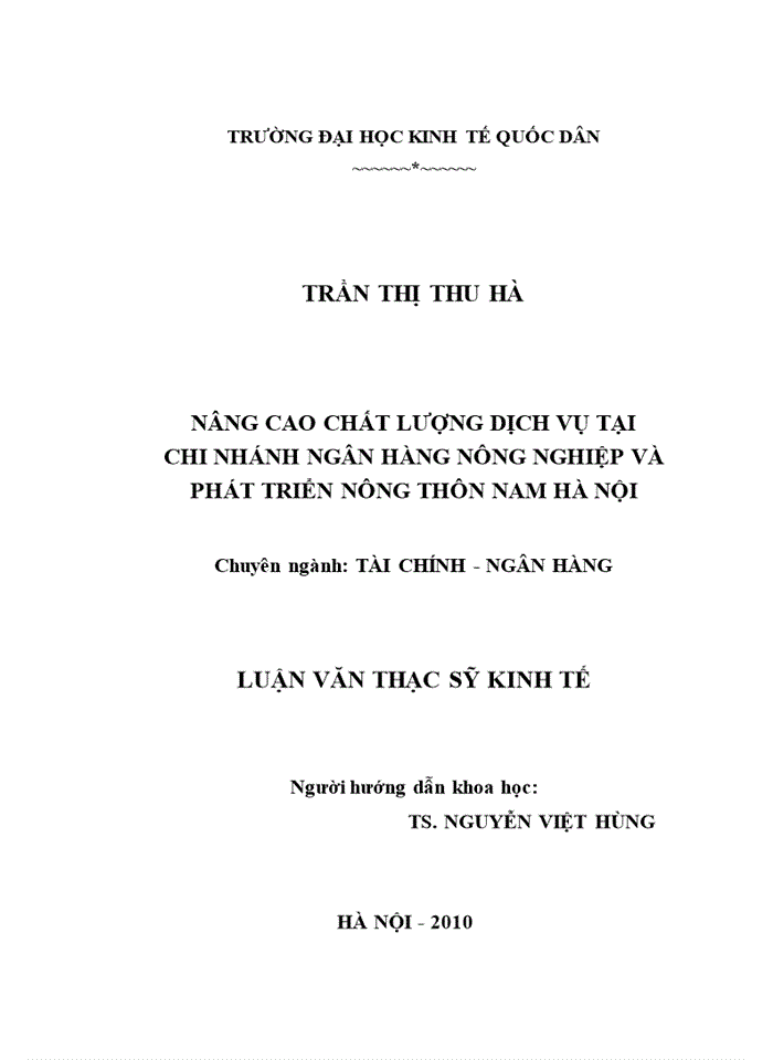 Ths NÂNG CAO CHẤT LƯỢNG DỊCH VỤ TẠI CHI NHÁNH NGÂN HÀNG NÔNG NGHIỆP VÀ PHÁT TRIỂN NÔNG THÔN NAM HÀ NỘI