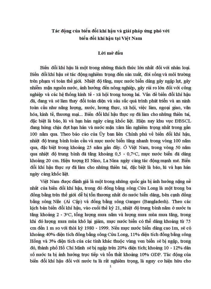 Tác động của biến đổi khí hậu và giải pháp ứng phó với biến đổi khí hậu tại Việt Nam