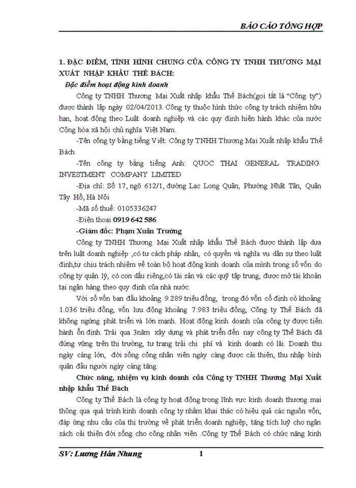 image for page ĐẶC ĐIỂM TÌNH HÌNH CHUNG CỦA CÔNG TY Trách nhiệm hữu hạn THƯƠNG MẠI XUẤT NHẬP KHẨU THẾ BÁCH