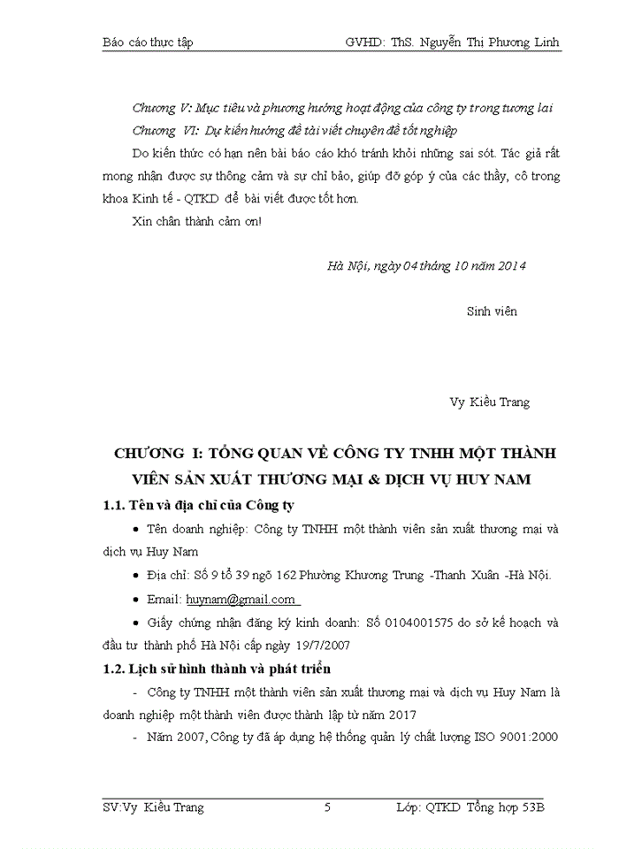 Báo cáo CÔNG TY Trách nhiệm hữu hạn MỘT THÀNH VIÊN SẢN XUẤT THƯƠNG MẠI DỊCH VỤ HUY NAM