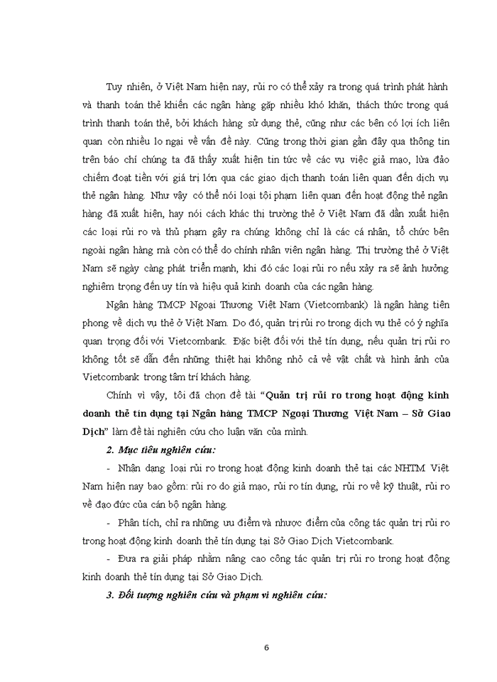 Quản trị rủi ro trong hoạt động kinh doanh thẻ tín dụng tại Ngân hàng TMCổ phần Ngoại Thương Việt Nam Sở Giao Dịch