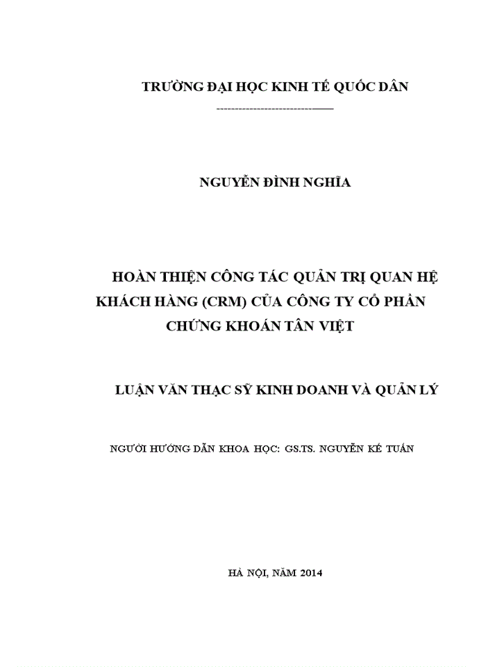 Ths HOÀN THIỆN CÔNG TÁC QUẢN TRỊ QUAN HỆ KHÁCH HÀNG CRM CỦA CÔNG TY CỔ PHẦN CHỨNG KHOÁN TÂN VIỆT