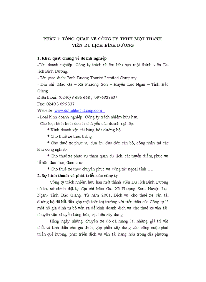 Báo cáo hoạt động của Công ty Trách nhiệm hữu hạn Một thành Viên Du lịch Bình Dương