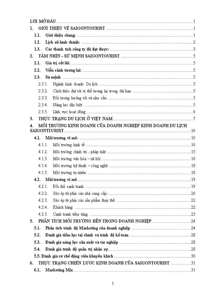 Báo cáo MÔI TRƯỜNG KINH DOANH CỦA DOANH NGHIỆP KINH DOANH DU LỊCH SAIGONTIURIST