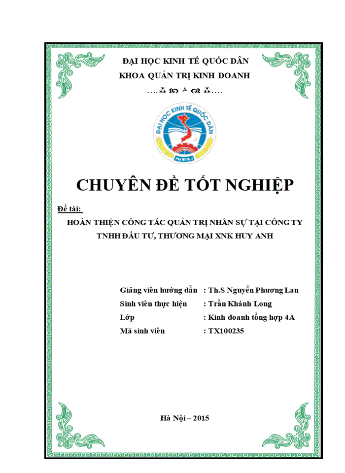 HOÀN THIỆN CÔNG TÁC QUẢN TRỊ NHÂN SỰ TẠI CÔNG TY Trách nhiệm hữu hạn ĐẦU TƯ THƯƠNG MẠI XNhập khẩu HUY ANH