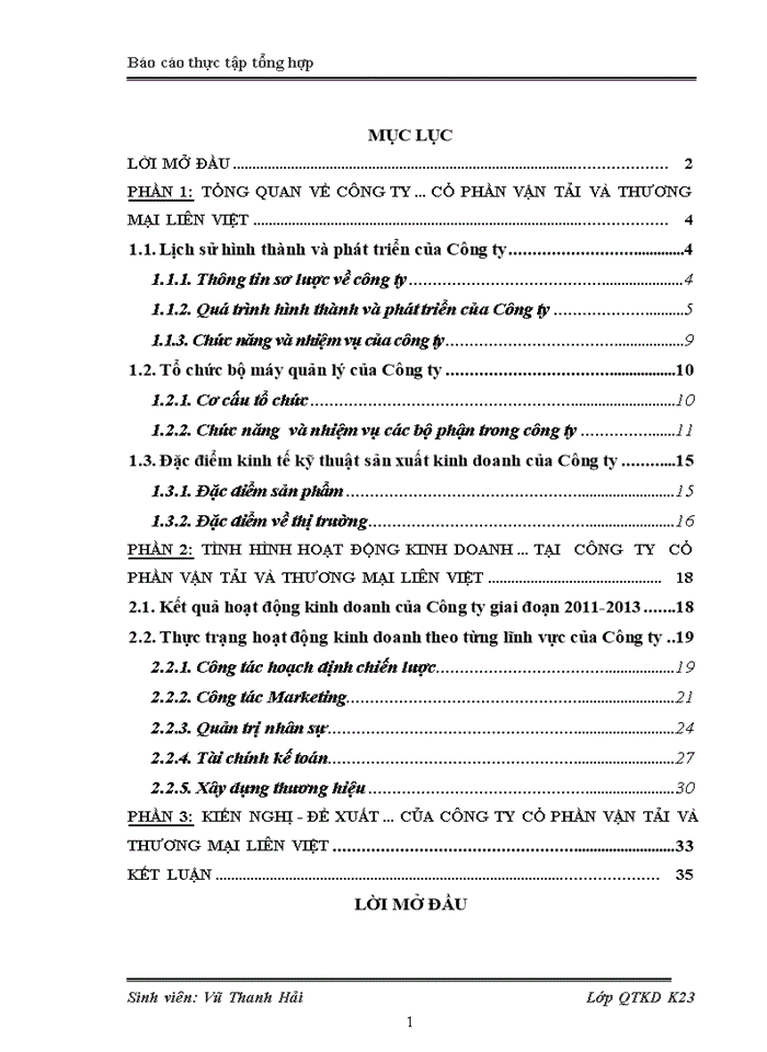 image for page Báo cáo Tình hình hoạt động sản xuất kinh doanh của Công ty Cổ Phần Vận tải và Thương mại Liên Việt