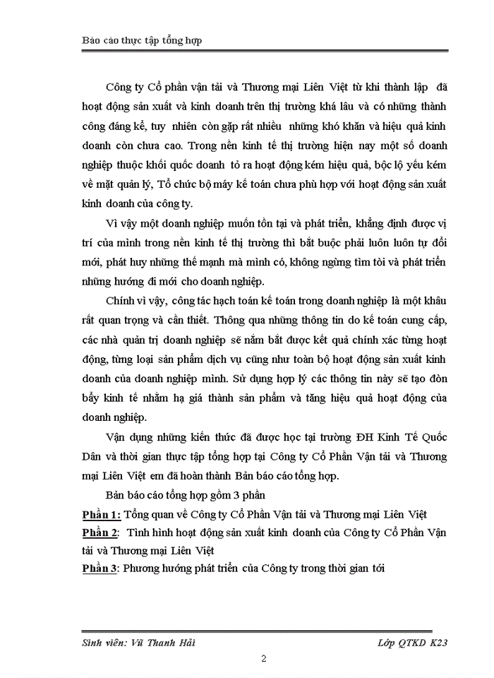 image for page Báo cáo Tình hình hoạt động sản xuất kinh doanh của Công ty Cổ Phần Vận tải và Thương mại Liên Việt