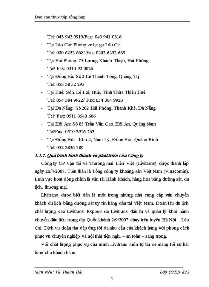 Báo cáo Tình hình hoạt động sản xuất kinh doanh của Công ty Cổ Phần Vận tải và Thương mại Liên Việt
