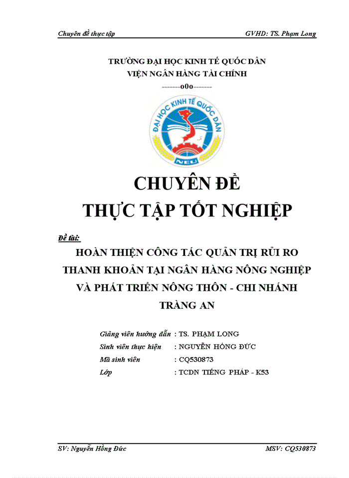 HOÀN THIỆN CÔNG TÁC QUẢN TRỊ RỦI RO THANH KHOẢN TẠI NGÂN HÀNG NÔNG NGHIỆP VÀ PHÁT TRIỂN NÔNG THÔN - CHI NHÁNH TRÀNG AN