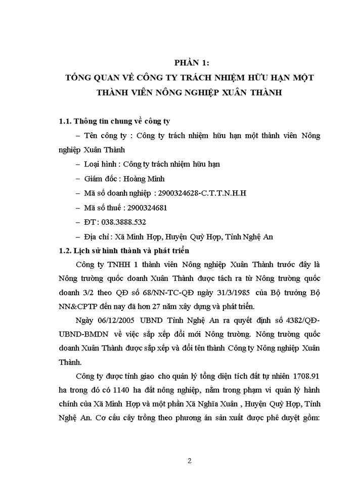 Báo cáo TÌNH HÌNH VÀ KẾT QUẢ SẢN XUẤT KINH DOANH CỦA CÔNG TY TRÁCH NHIỆM HỮU HẠN MỘT THÀNH VIÊN NÔNG NGHIỆP XUÂN THÀNH