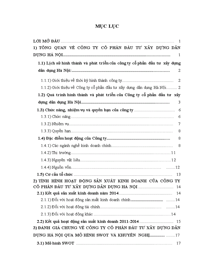 ĐÁNH GIÁ CHUNG VỀ CÔNG TY CỔ PHẦN ĐẦU TƯ XÂY DỰNG DÂN DỤNG HÀ NỘI QUA MÔ HÌNH SWOT VÀ KHUYẾN NGHỊ