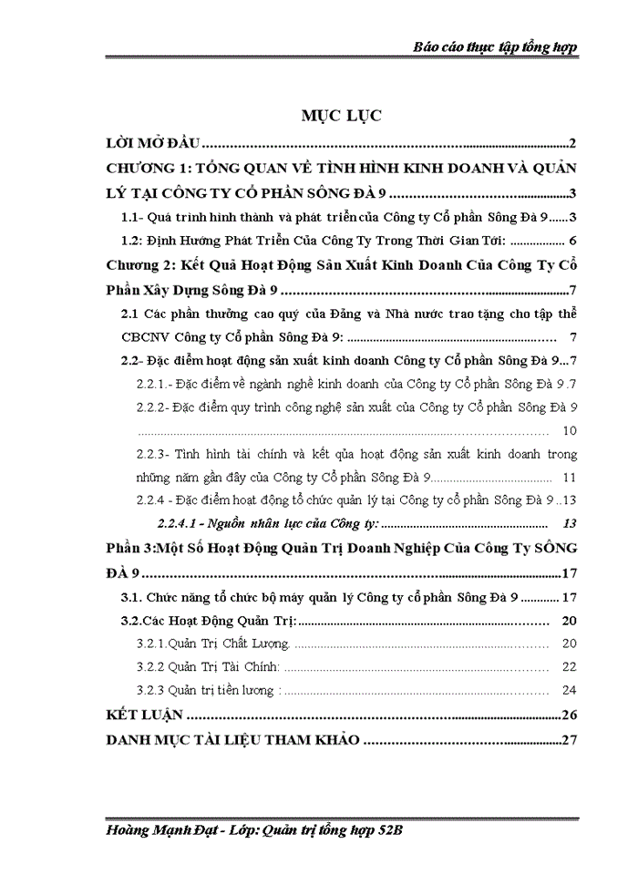 Báo cáo Kết Quả Hoạt Động Sản Xuất Kinh Doanh Của Công Ty Cổ Phần Xây Dựng Sông Đà 9