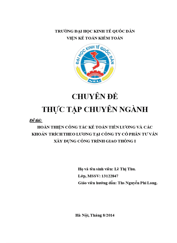 Hoàn thiện công tác kế toán tiền lương và các khoản trích theo lương tại Công ty Cổ phần Tư vấn Xây dựng công trình giao thông I