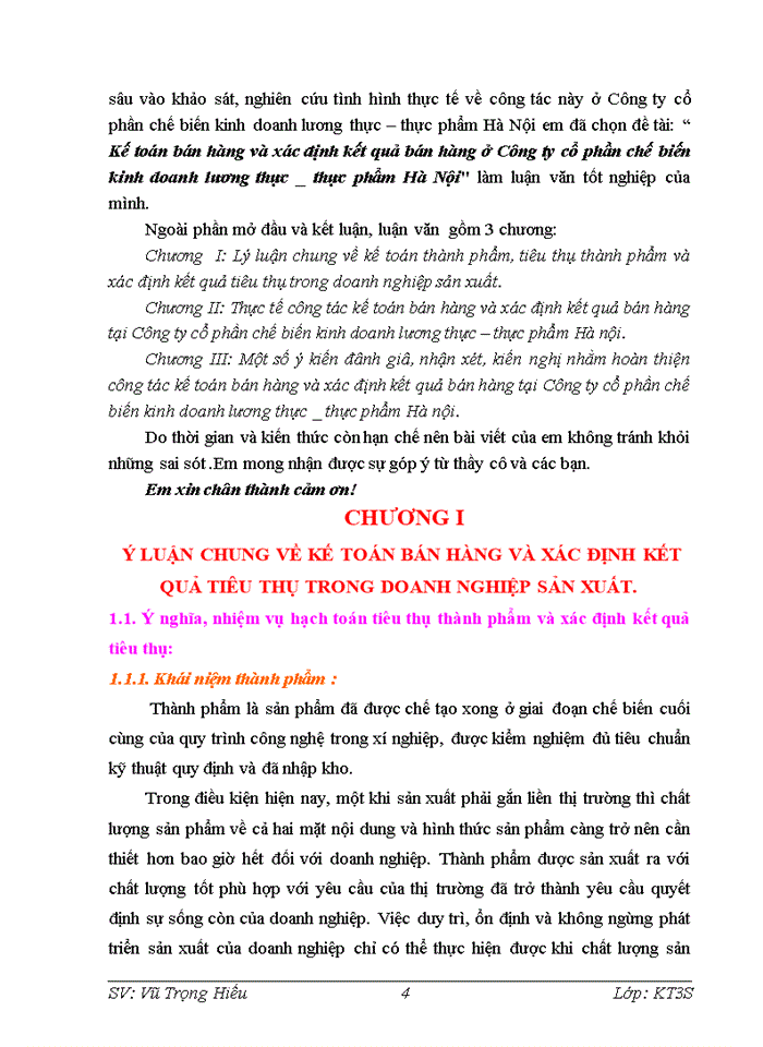 Kế toán bán hàng và xác định kết quả bán hàng ở Công ty cổ phần chế biến kinh doanh lương thực thực phẩm Hà Nội